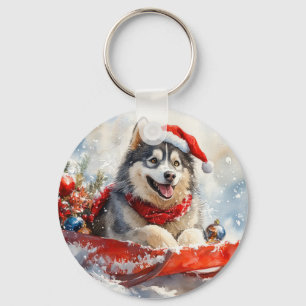 Alaskan Malamute im Schlitten Lass es schneien Wei Schlüsselanhänger