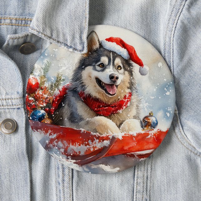 Alaskan Malamute in Sledge Let it Schnee Weihnacht Button (Beispiel)
