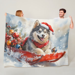 Alaskan Malamute in Sledge Let it Schnee Weihnacht Fleecedecke