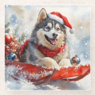 Alaskan Malamute in Sledge Let it Schnee Weihnacht Glasuntersetzer