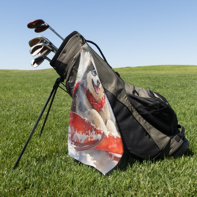 Alaskan Malamute in Sledge Let it Schnee Weihnacht Golfhandtuch (Gras)