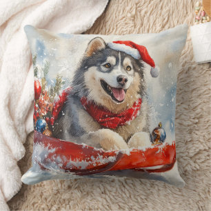 Alaskan Malamute in Sledge Let it Schnee Weihnacht Kissen