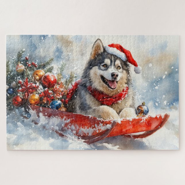 Alaskan Malamute in Sledge Let it Schnee Weihnacht Puzzle (Horizontal)