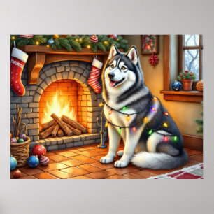 Alaskan Malamute Kamin mit Weihnachtslichtern Poster