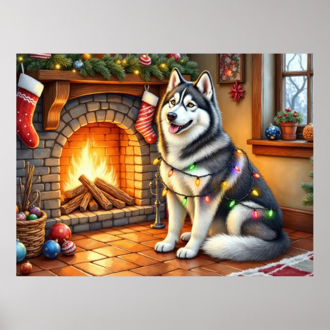 Alaskan Malamute Kamin mit Weihnachtslichtern Poster (Vorne)
