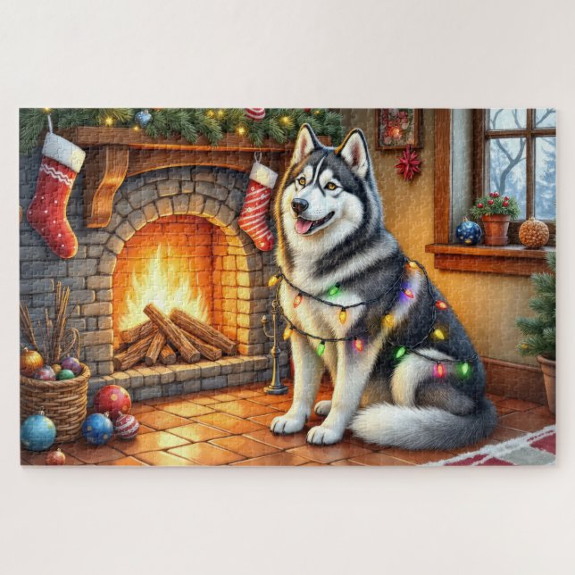 Alaskan Malamute Kamin mit Weihnachtslichtern Puzzle (Horizontal)