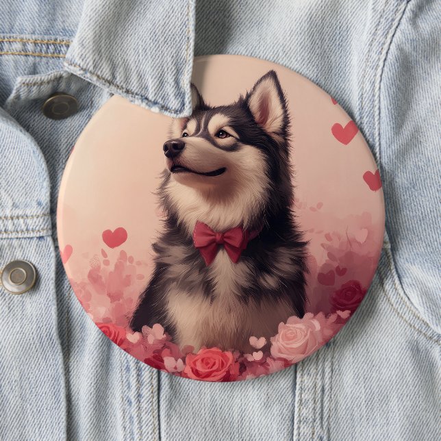 Alaskan Malamute mit Rose - Valentinstag Button (Beispiel)