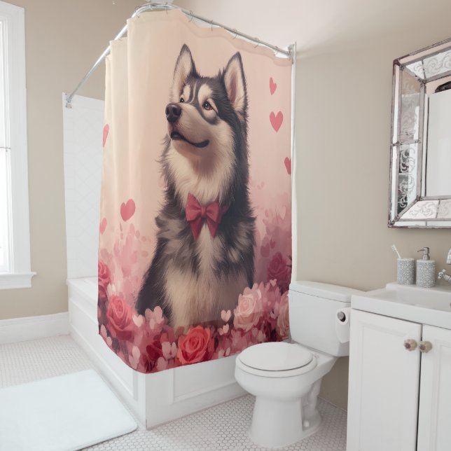 Alaskan Malamute mit Rose - Valentinstag Duschvorhang (Beispiel)