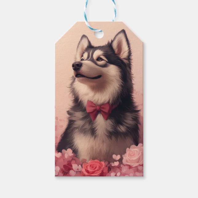 Alaskan Malamute mit Rose - Valentinstag Geschenkanhänger (Vorderseite)