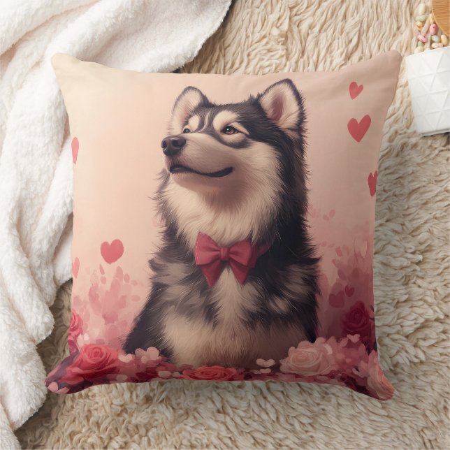 Alaskan Malamute mit Rose - Valentinstag Kissen (Decke)