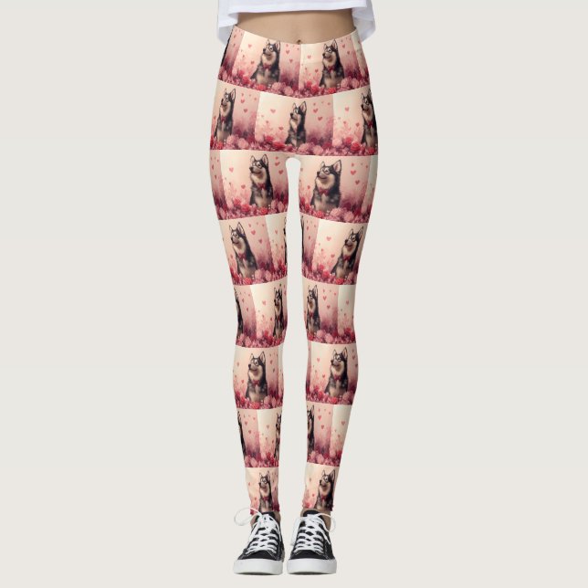 Alaskan Malamute mit Rose - Valentinstag Leggings (Vorderseite)