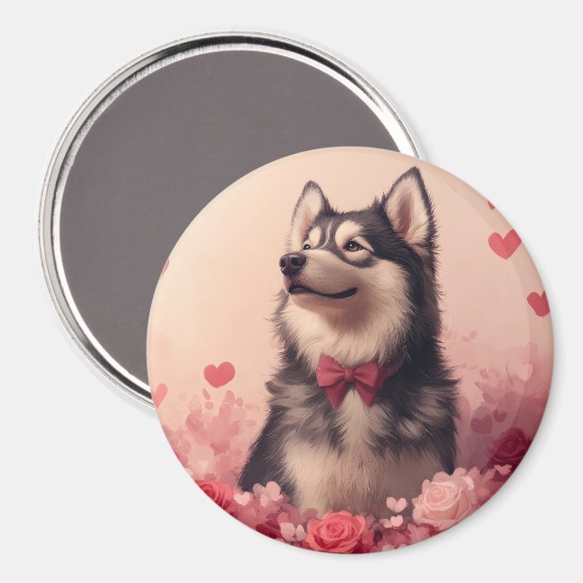 Alaskan Malamute mit Rose - Valentinstag Magnet (Vorderseite/Rückseite)