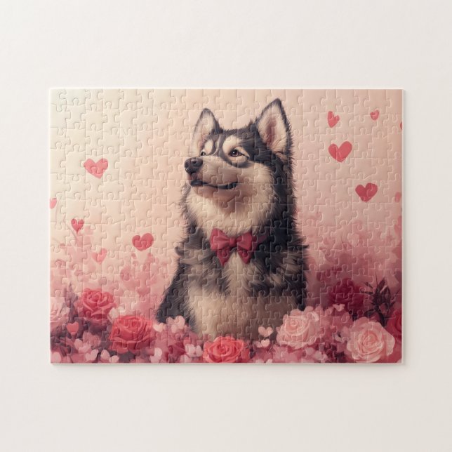 Alaskan Malamute mit Rose - Valentinstag Puzzle (Horizontal)