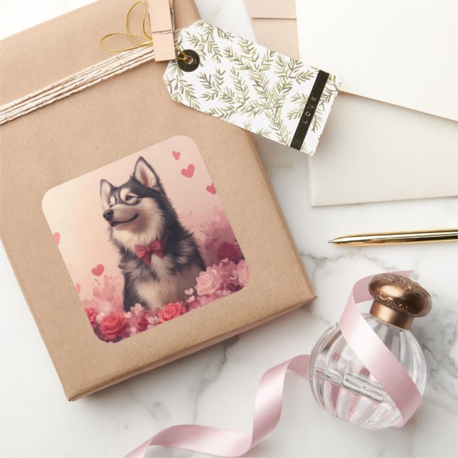Alaskan Malamute mit Rose - Valentinstag Quadratischer Aufkleber (Schenken)