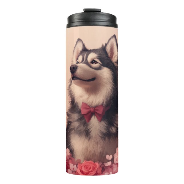 Alaskan Malamute mit Rose - Valentinstag Thermosbecher (Vorderseite)