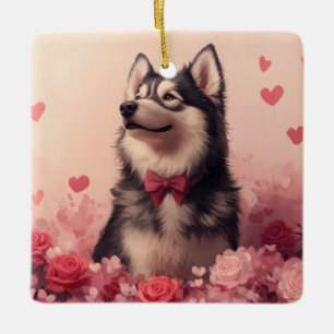 Alaskan Malamute mit Rosen - Valentinstag Keramikornament