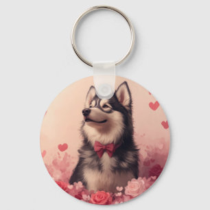 Alaskan Malamute mit Rosen - Valentinstag Schlüsselanhänger