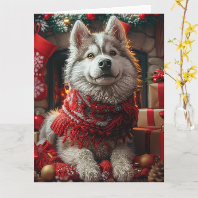 Alaskan Malamute mit Weihnachtsgeschenken Feuerpla Karte (Gelbe Blume)