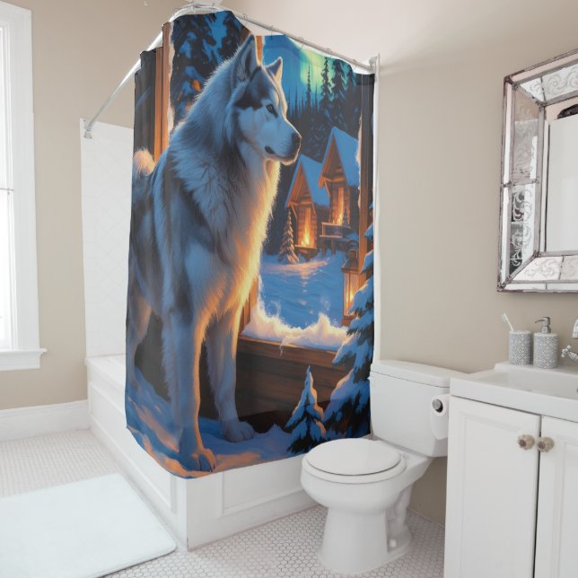 Alaskan Malamute mit Weihnachtslichtern Feiertag  Duschvorhang (Beispiel)