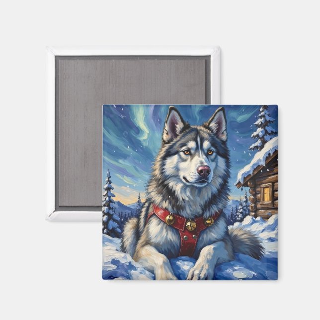 Alaskan Malamute North Pole Winter Christmas Magnet (Vorderseite/Rückseite)