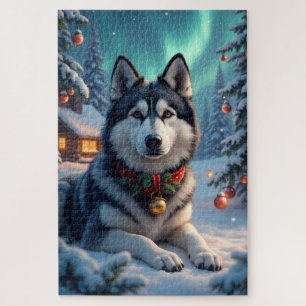 Alaskan Malamute Northern Lights Weihnachten Puzzle