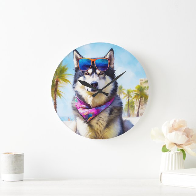 Alaskan Malamute on Beach, Sommergeschenk Große Wanduhr (Zuhause)