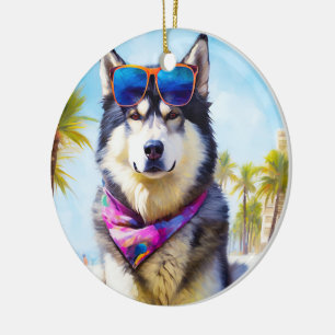 Alaskan Malamute on Beach, Sommergeschenk Keramik Ornament