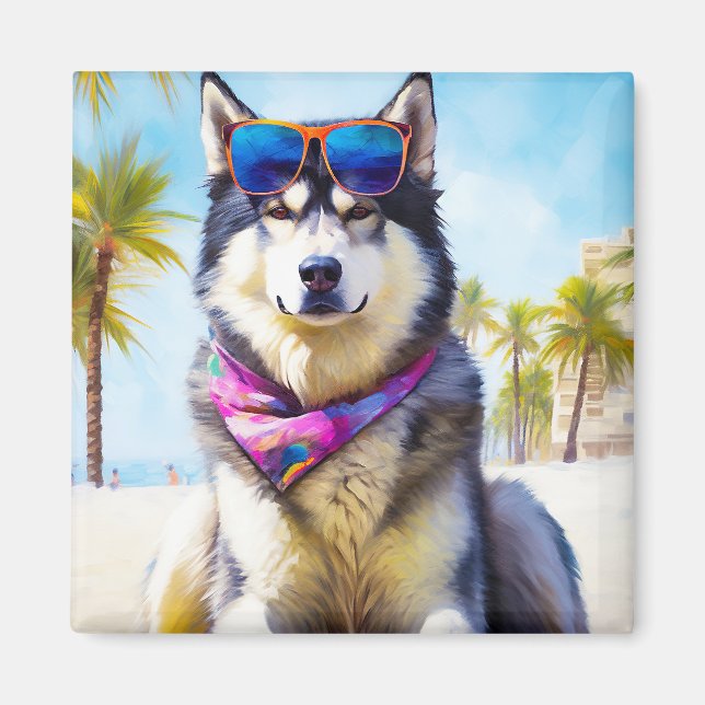Alaskan Malamute on Beach, Sommergeschenk Magnet (Vorne)