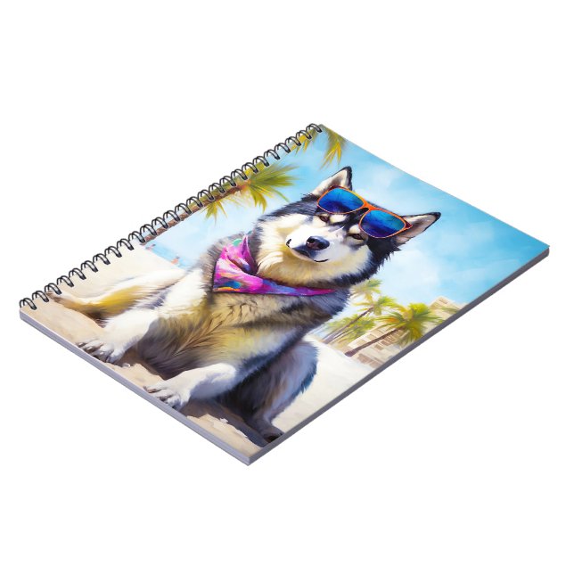 Alaskan Malamute on Beach, Sommergeschenk Notizblock (Linke Seite)