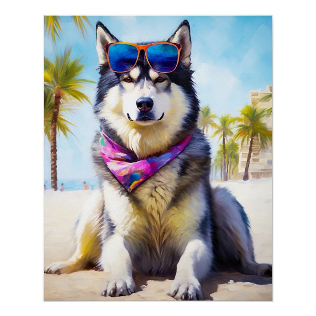 Alaskan Malamute on Beach, Sommergeschenk Poster (Vorderseite)