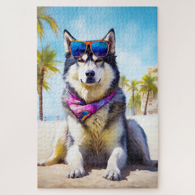 Alaskan Malamute on Beach, Sommergeschenk Puzzle (Vertikal)