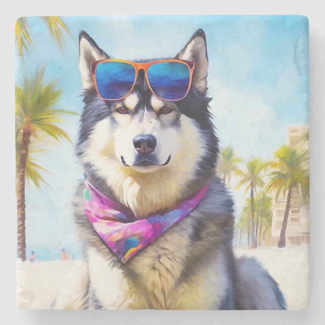 Alaskan Malamute on Beach, Sommergeschenk Steinuntersetzer (Vorderseite)