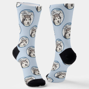 Alaskan Malamute Painting Mal Mally Sled Dog Art Socken