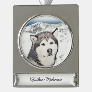 Alaskan Malamute Painting - Niedliche Original Dog Banner-Ornament Silber