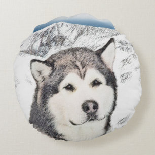 Alaskan Malamute Painting - Niedliche Original Dog Rundes Kissen