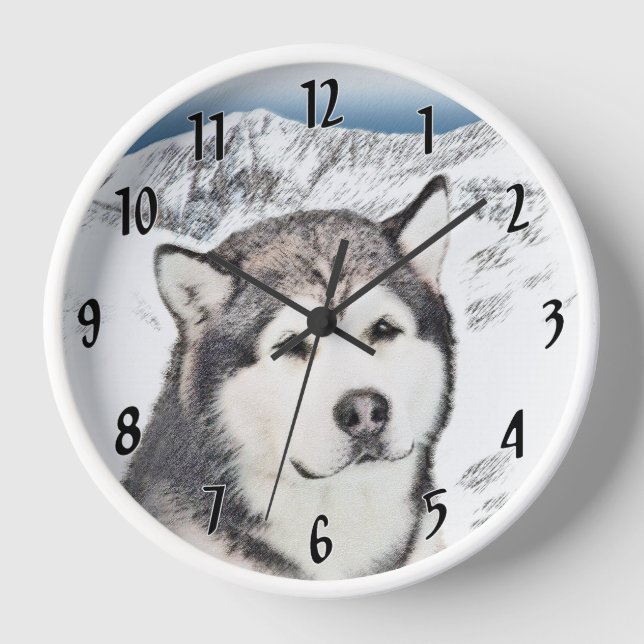 Alaskan Malamute Painting - Niedliche Original Dog Uhr (Vorderseite)