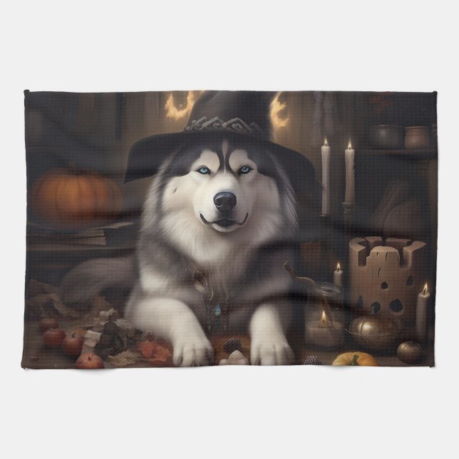 Alaskan Malamute Pumpkins Halloween Beängstigend Geschirrtuch (Horizontal)