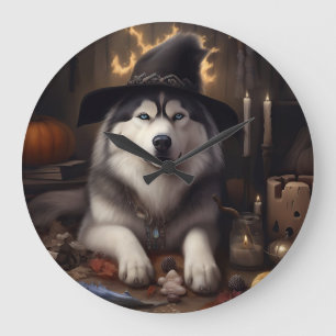 Alaskan Malamute Pumpkins Halloween Beängstigend Große Wanduhr