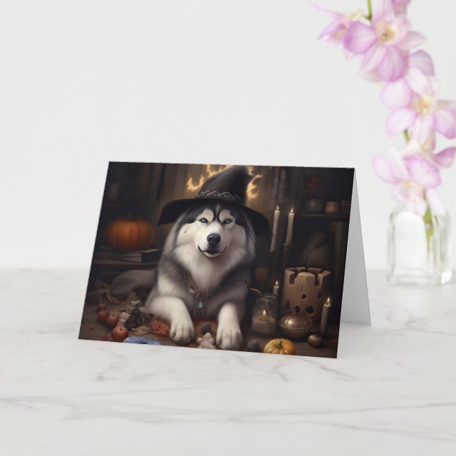 Alaskan Malamute Pumpkins Halloween Beängstigend Karte (Orchidee)