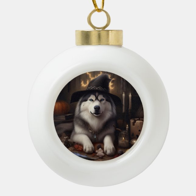 Alaskan Malamute Pumpkins Halloween Beängstigend Keramik Kugel-Ornament (Vorderseite)
