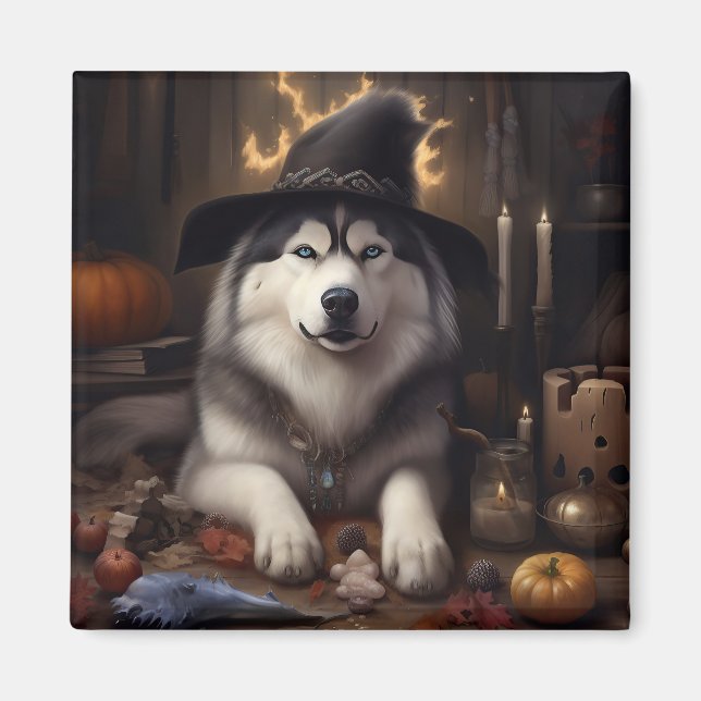 Alaskan Malamute Pumpkins Halloween Beängstigend Magnet (Vorne)