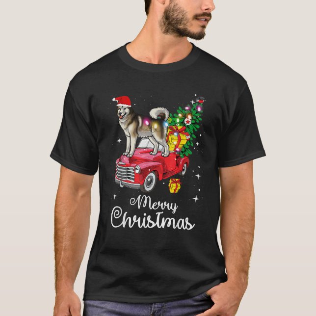 Alaskan Malamute Ride Red Truck Christmas Pajama F T-Shirt (Vorderseite)