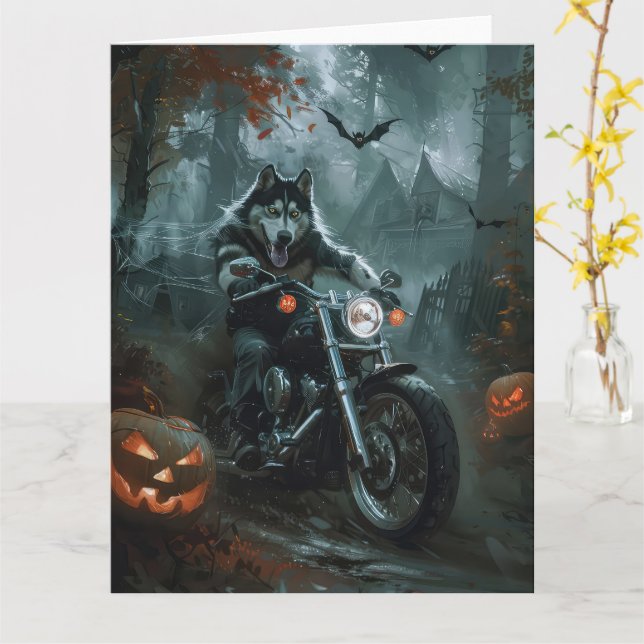 Alaskan Malamute Riding Motorrad Halloween Beängst Karte (Gelbe Blume)