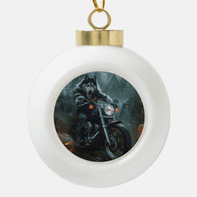 Alaskan Malamute Riding Motorrad Halloween Beängst Keramik Kugel-Ornament (Vorderseite)