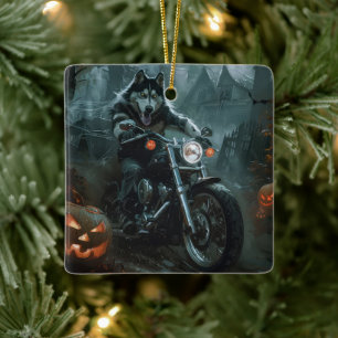 Alaskan Malamute Riding Motorrad Halloween Beängst Keramikornament