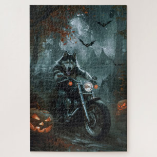 Alaskan Malamute Riding Motorrad Halloween Beängst Puzzle