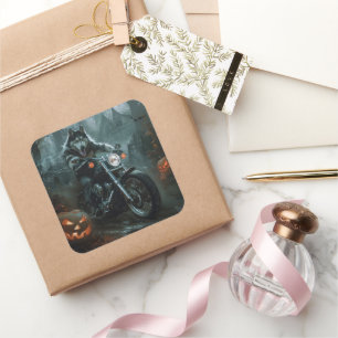 Alaskan Malamute Riding Motorrad Halloween Beängst Quadratischer Aufkleber