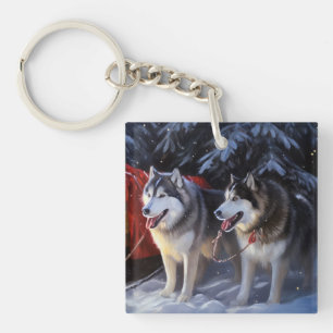 Alaskan Malamute Schneeschlittenfahrt Weihnachten Schlüsselanhänger