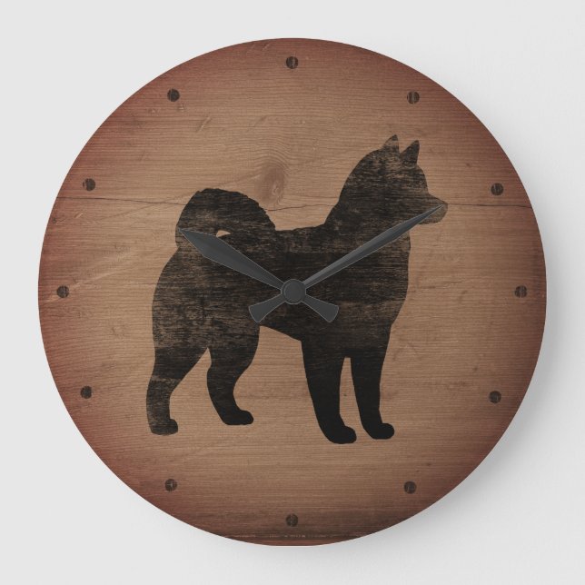 Alaskan Malamute Silhouette Rustic Große Wanduhr (Vorderseite)