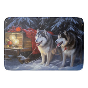 Alaskan Malamute Snowy Sleigh Riff Weihnachten Badematte